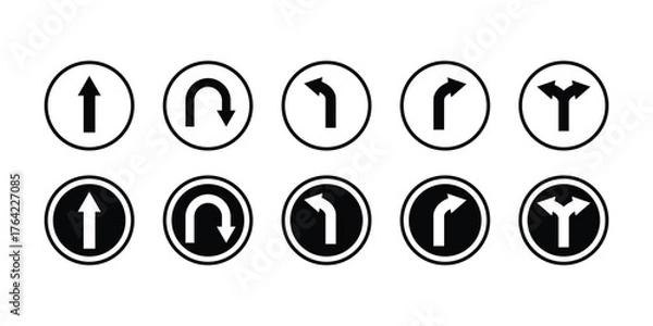 Obraz U turn arrow icon set. Direction icon set. Go straight, this way, one way only U turn, left and right arrow vector illustration.