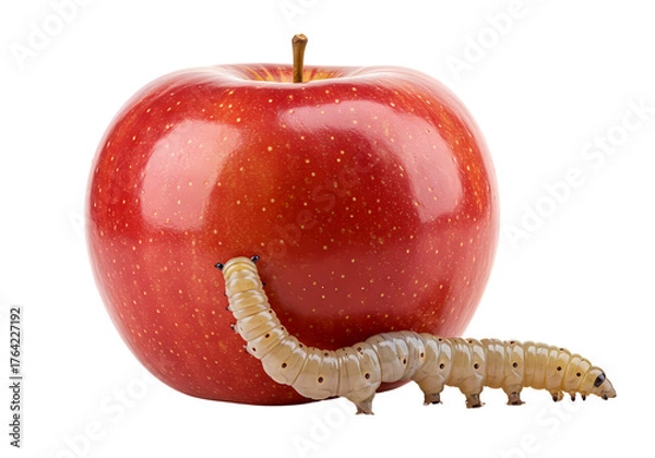 Fototapeta Worm creeping near a ripe, delicious red apple