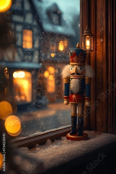 Obraz Nutcracker Figure on a Snowy Windowsill with Blurry Village Background
