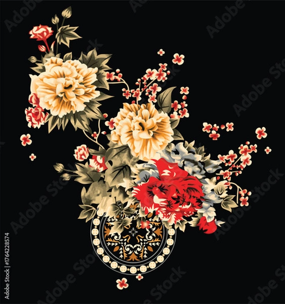 Fototapeta hand drawn watercolor japanese flower bunch isolated on black background. japanese flower bouquet. realistic flower clip art. design for fabric, textile, wallpaper, wrapping paper. 