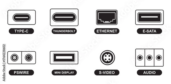 Fototapeta Common Computer Ports Connectors Icon Vector Set