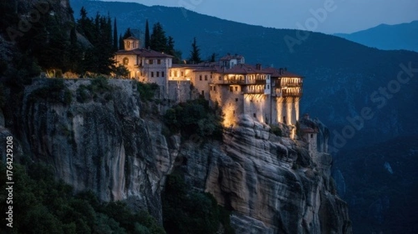 Fototapeta Illuminated meteora monastery perched atop a cliff at dusk in greece.