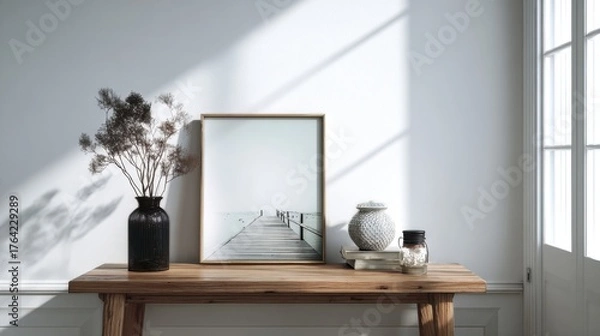 Fototapeta Interior design with a wooden table, vase, picture frame, and decorations.