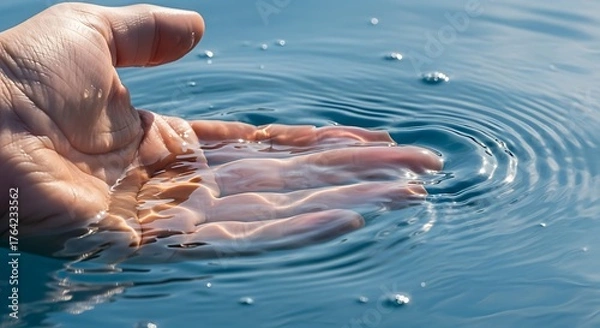 Fototapeta Human hand reaching down to touch the cool water, captured in a high-speed shot emphasizing the circular wave effect