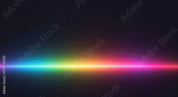 Fototapeta Vibrant horizontal spectrum of rainbow light flares across a dark background creating a futuristic glowing effect