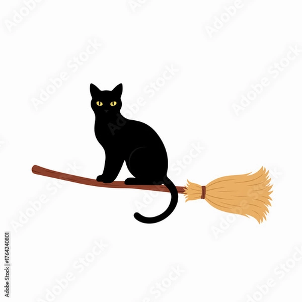 Obraz Elegant black cat rides a broomstick for Halloween holiday fun