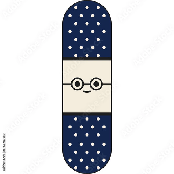 Fototapeta Cute Cartoon Medical Plaster Character With Dark Blue Polka Dots And Glasses Smiling Friendly On Transparent Background