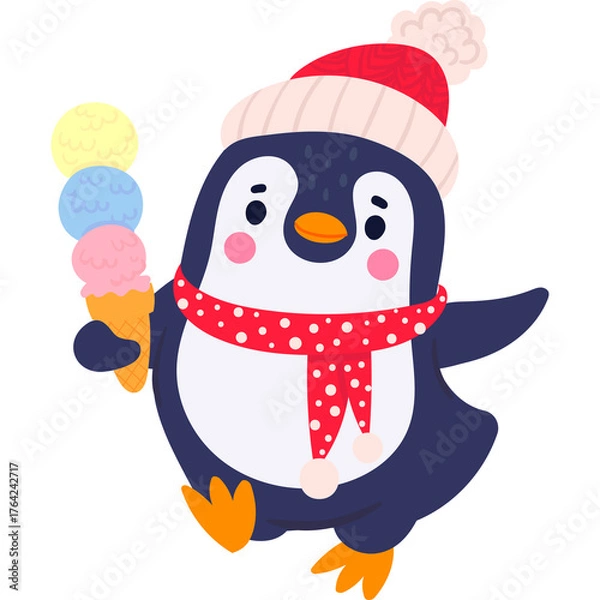 Fototapeta Cute Cartoon Penguin Wearing a Red Hat and Scarf Holding a Three-Scoop Ice Cream Cone with a Transparent Background