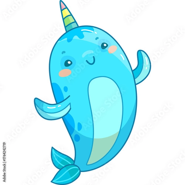 Fototapeta Cute cartoon narwhal with a rainbow horn smiling and waving isolated on white background with a transparent background effect