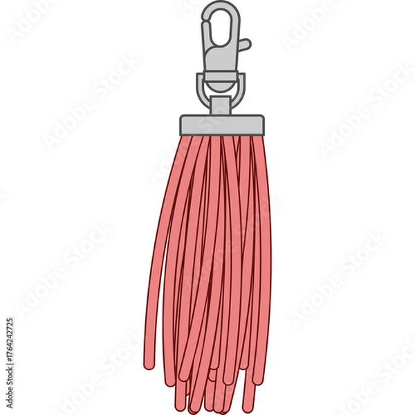 Fototapeta Coral Pink Tassel With Silver Clasp And Lobster Clip Isolated On White Background Flat Lay Style