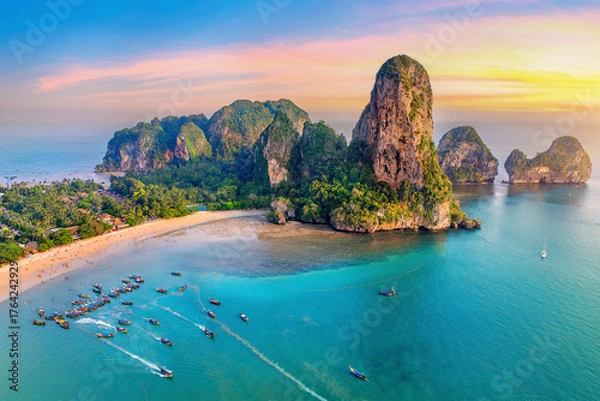 Fototapeta Railay beach with long tail boat in Krabi, Thailand.