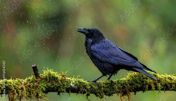 Obraz A Crow on Mossy Branch in Heavy Rain with Dark Plumage and Textured Details