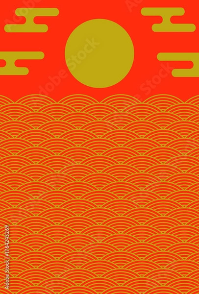 Obraz 年賀状の背景素材　和風グラフィック　初日の出（2）　タテ