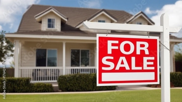 Fototapeta This attractive house stands proudly with a vibrant red for sale sign in front, set against a backdrop of lush greenery and blue sky, inviting families to explore their future home