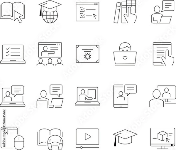 Fototapeta Modern line icons representing online learning digital education and remote study concepts for digital platforms