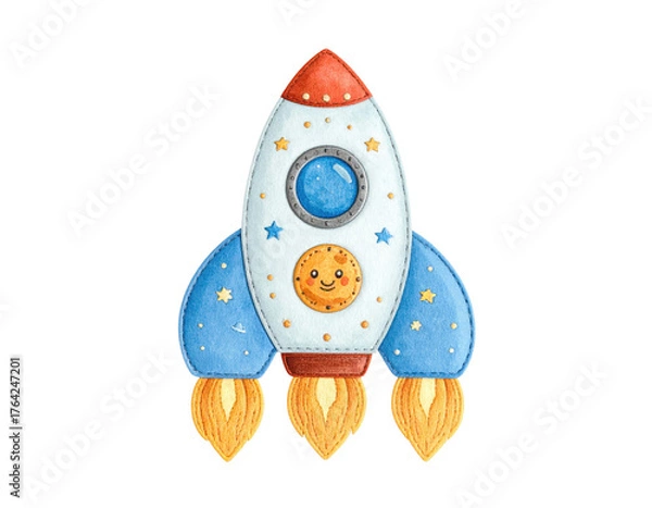Obraz Watercolor Rocket Ship Illustration for Childrens Designs and Space Themes.