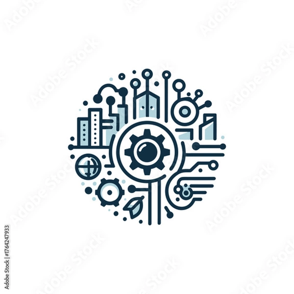 Fototapeta circular logo illustrating the integration of technology, urban development, and environmental sustainability, featuring gears, buildings, circuits, and a leaf.