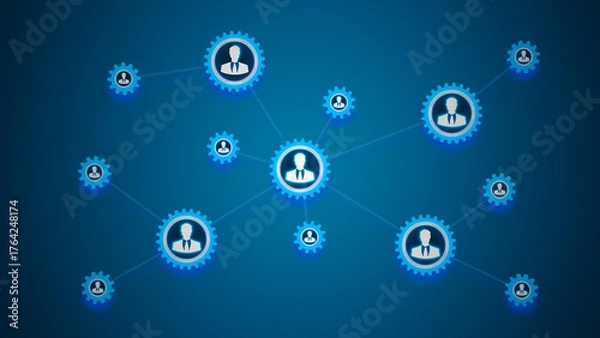 Fototapeta Connected user icons inside gears forming a digital business network symbolizing collaboration, teamwork, and technology integration