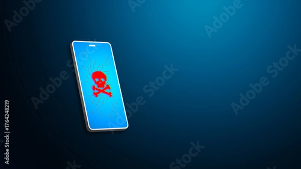 Obraz Smartphone virus warning with red skull symbol on screen, mobile cybersecurity threat concept, malware infection danger on digital blue background