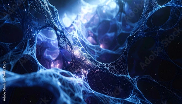 Fototapeta Abstract neural network with glowing nodes and thread-like connections in blue and purple. Futuristic digital web evokes AI, data flow, and complex connectivity.