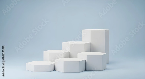 Fototapeta Modern Geometric Podiums in Soft Blue Minimalist Studio Light