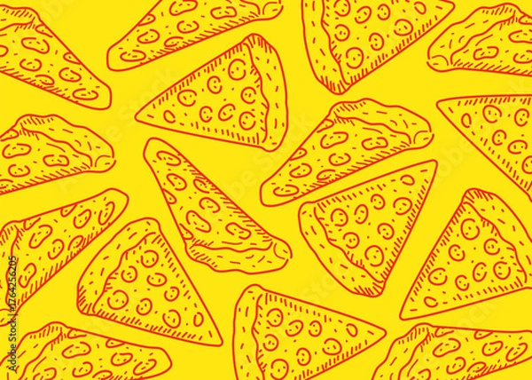 Obraz Seamless hand-drawn pattern of pizza slices with cheese and pepperoni toppings, illustrated in a fun yellow background. Perfect for fast food-themed backgrounds, restaurant branding