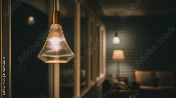 Fototapeta Illuminating pendant lamp in a dimly lit room.