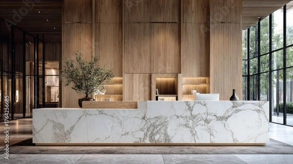 Fototapeta Modern lobby reception desk with light wood and marble accents.