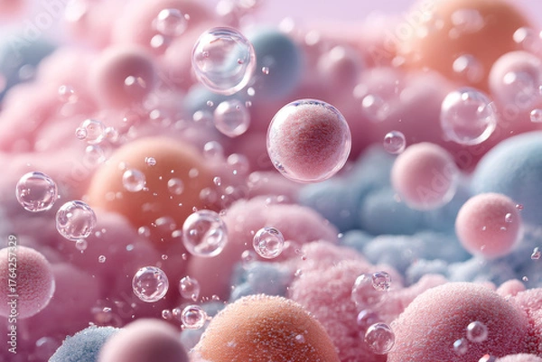 Fototapeta Dreamy abstract composition featuring floating pastel spheres and bubbles, creating whimsical and ethereal atmosphere. soft pink, blue, and orange hues evoke sense of happiness and tranquility