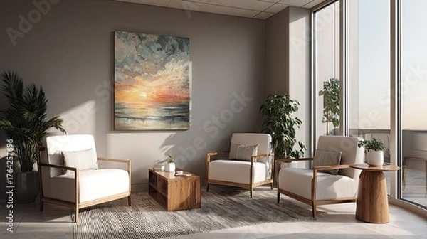 Fototapeta Tranquil interior living room scene with comfortable seating and a captivating artwork.