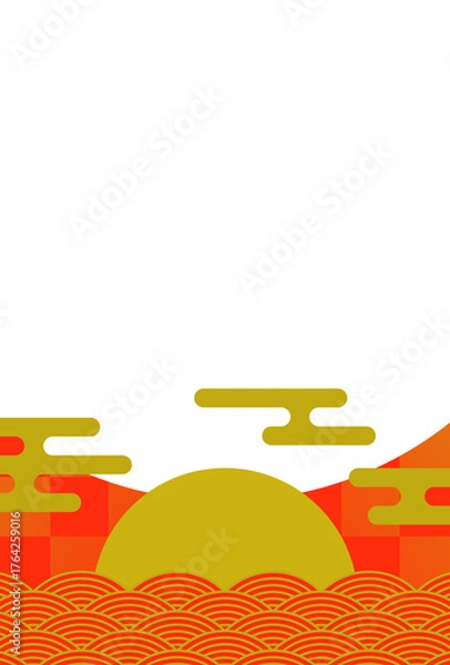 Obraz 年賀状のフレーム素材　和風デコレーション　初日の出（1）　タテ