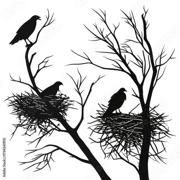 Fototapeta Vector art of ravens in nest silhouette