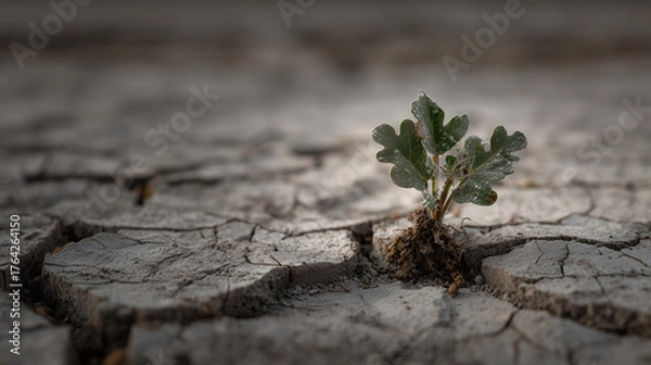 Fototapeta A resilient seedling growing from cracked earth, representing personal growth and transformation.
