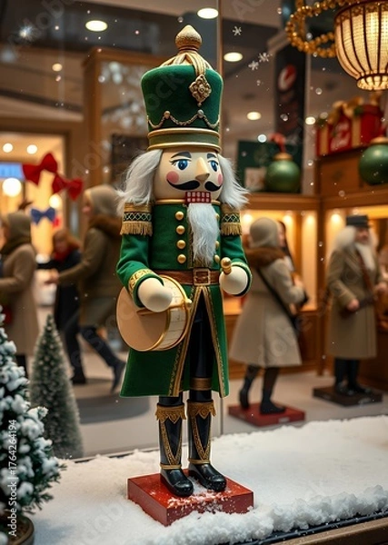 Obraz Nutcracker dressed in a regal green coat with gold trim holding a drum and standing in a snowy window display with holiday shoppers passing by nutcrackers holiday  decoration christmas toy festive mer