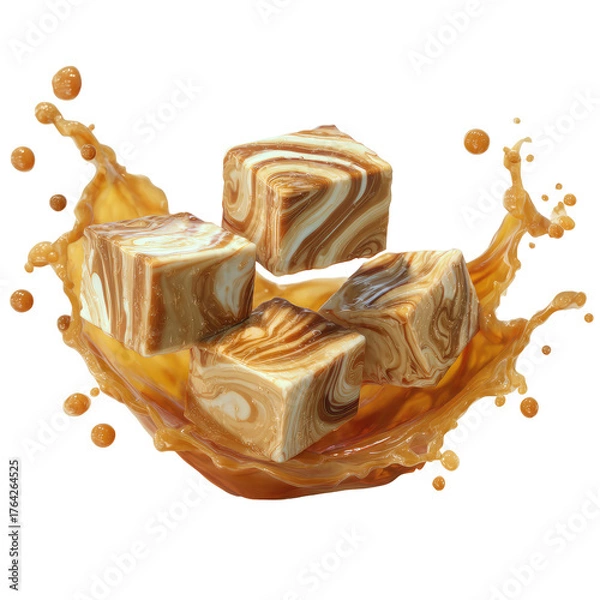 Obraz Caramel-swirled candy cubes in a caramel splash