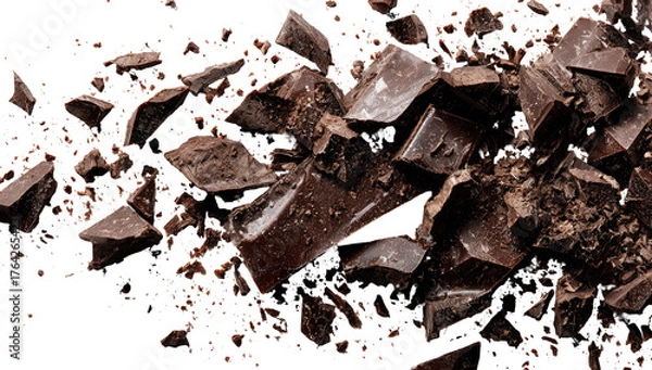 Obraz Broken dark chocolate pieces scattered