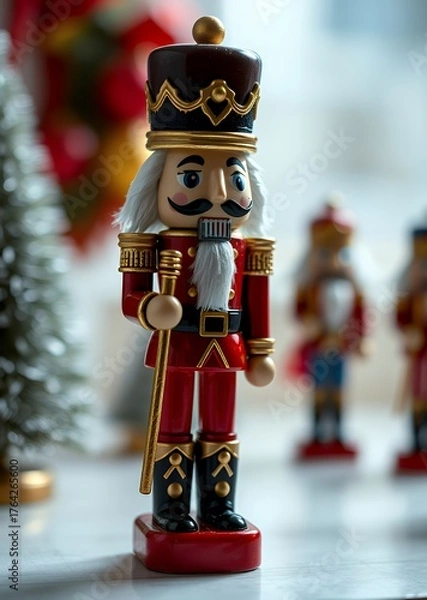 Fototapeta A festive miniature nutcracker figurine blurry background with space for text or product display nutcrackers holiday  decoration christmas toy festive merry celebration