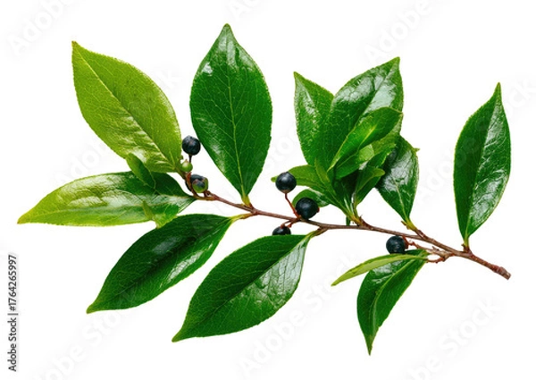 Obraz Close-up of a branch with vibrant green leaves and small dark berries
