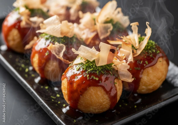 Obraz 湯気立つ熱々たこ焼き：香ばしいソースと踊る鰹節が食欲をそそる日本のソウルフード