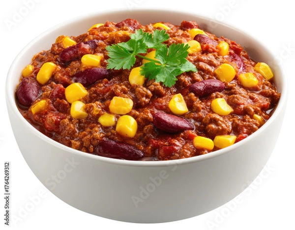 Fototapeta Hearty chili stew in white bowl, topped with fresh herbs