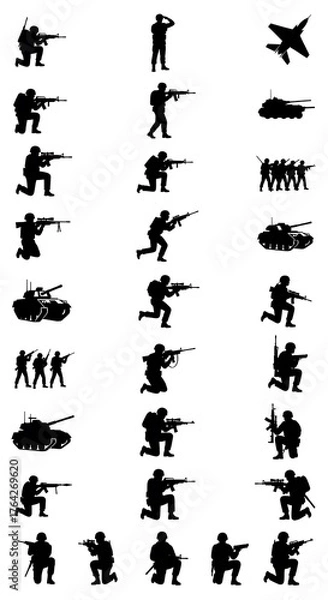 Fototapeta Military Might - A Collection of Soldier and Vehicle Silhouettes.