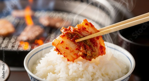 Obraz 焼肉と相性抜群！熱々白ご飯に乗せた、箸でつまむ絶品キムチ