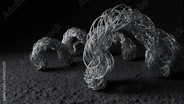 Obraz Abstract, intertwined metallic forms emerge from a rough, dark surface