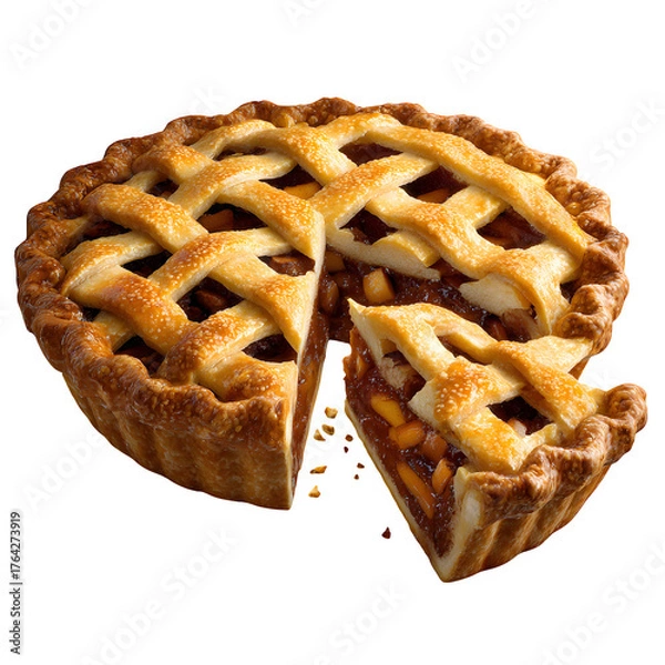 Fototapeta Whole apple pie with a slice removed isolated on transparent background