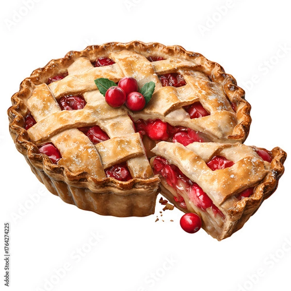 Fototapeta Whole cherry pie with a slice removed isolated on transparent background