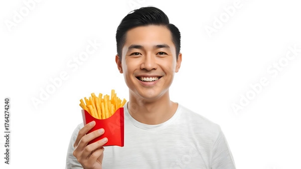 Obraz 白背景でフライドポテトを持っている笑顔の男