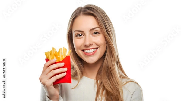 Obraz 白背景、フライドポテトを持っている女性
