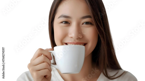 Obraz コーヒーカップを持っている笑顔の女