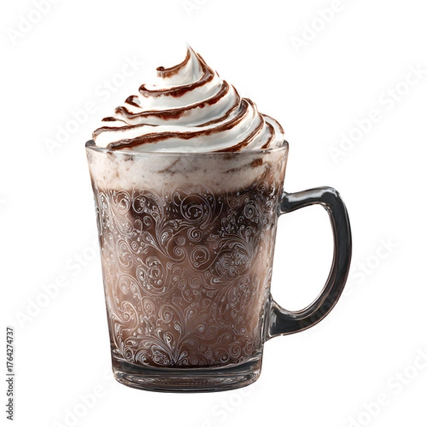 Fototapeta Hot chocolate with whipped cream and chocolate drizzle isolated on transparent background
