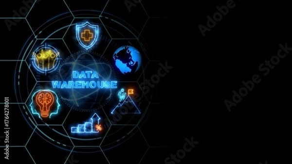Fototapeta business insights from Motion graphic of data warehouse icons concept .cube glow with and holographic futuristic
